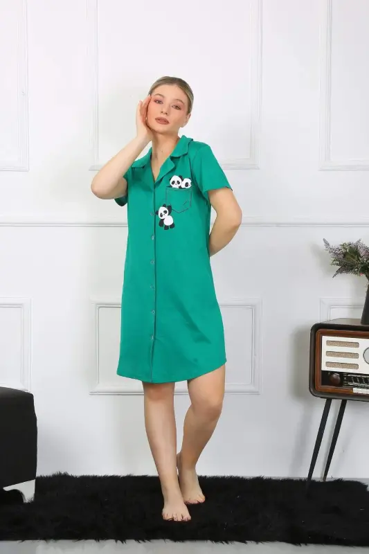 Women's Cotton Knit Short Sleeve Buttoned Green Tunic Nightgown 13109 - 1