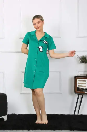 Women's Cotton Knit Short Sleeve Buttoned Green Tunic Nightgown 13109 - 2