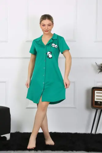 Women's Cotton Knit Short Sleeve Buttoned Green Tunic Nightgown 13109 - 3