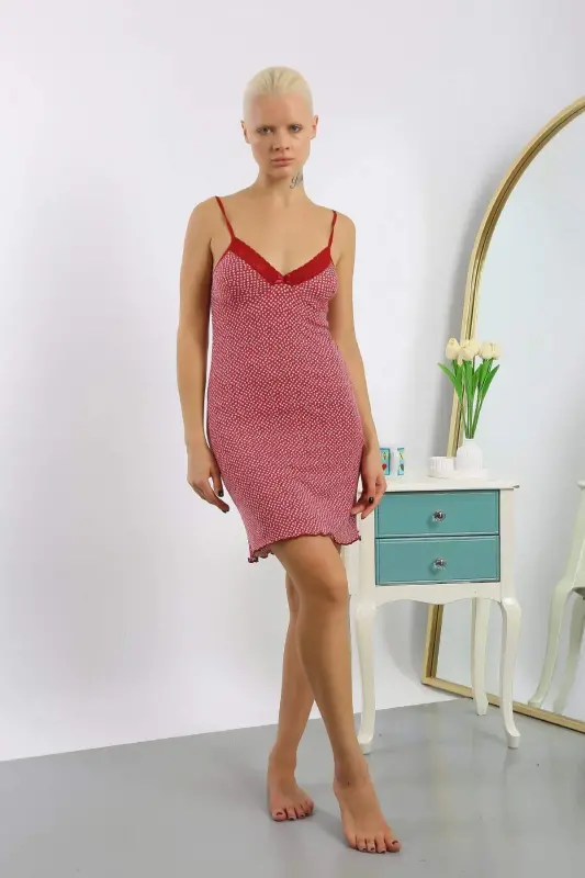 Women's Cotton Patterned Spaghetti Strap Nightgown 36716 - 4