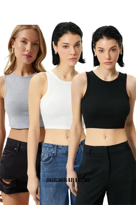 Women's Cotton Ribbed Halter Neck Thick Strap Crop Tank Top Bustier White Black Gray 3-Pack - 1