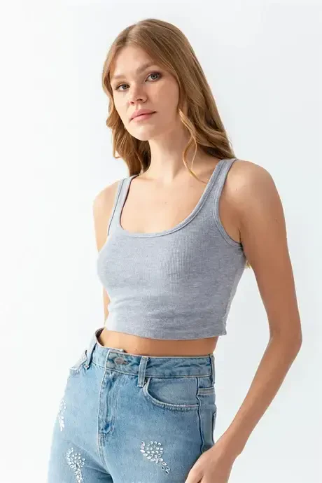 Women's Cotton Ribbed Knit Tank Top Crew Neck Thick Strap Crop Top Bustier Grey - BÜYÜKBEDENIZ