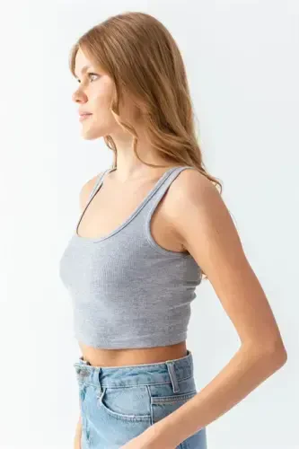 Women's Cotton Ribbed Knit Tank Top Crew Neck Thick Strap Crop Top Bustier Grey - BÜYÜKBEDENIZ (1)