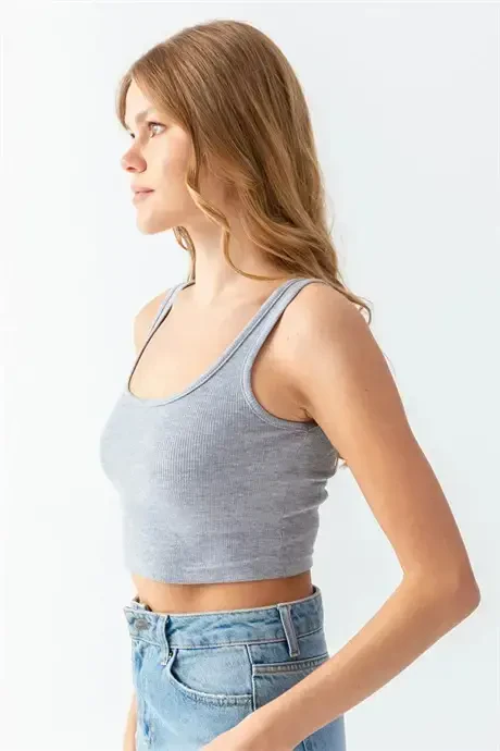 Women's Cotton Ribbed Knit Tank Top Crew Neck Thick Strap Crop Top Bustier Grey - 2
