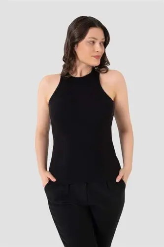 Women's Cotton Ribbed Look Halter Neck Black White Gray Tank Top 3-Pack - 16