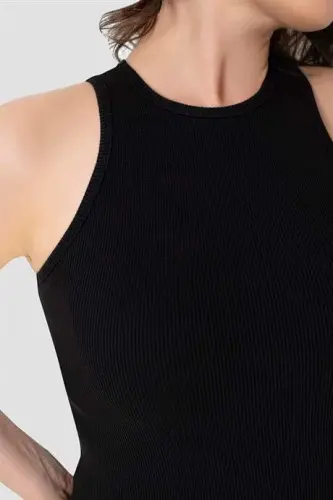 Women's Cotton Ribbed Look Halter Neck Black White Gray Tank Top 3-Pack - 3