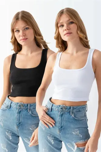 Women's Cotton Ribbed Tank Top Crew Neck Thick Strap Crop Top Bustier White Black 2-Pack - 1