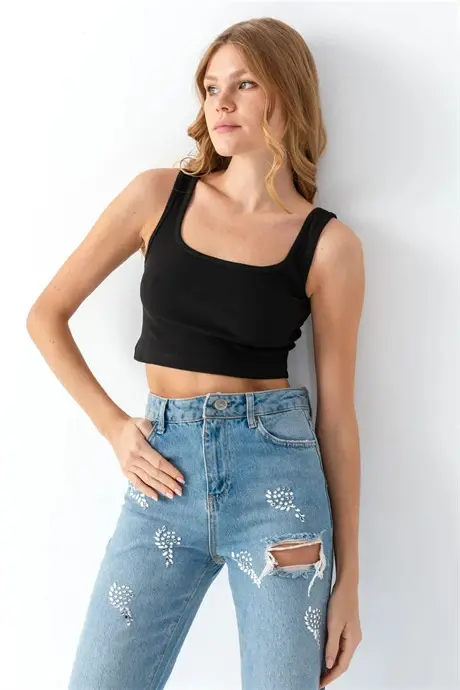 Women's Cotton Ribbed Tank Top Thick Strap Crop Top Bustier Black White Gray 3-Pack - 3