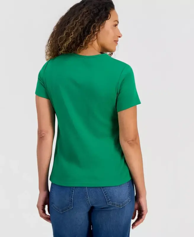 Women's Cotton Short Sleeve V-Neck Top, Exclusively at Modazone - Clover Leaf - 2