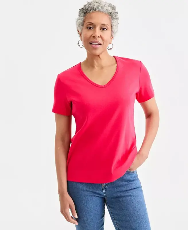 Women's Cotton Short Sleeve V-Neck Top, Exclusively at Modazone - Fresh Lipstick - STYLE & CO