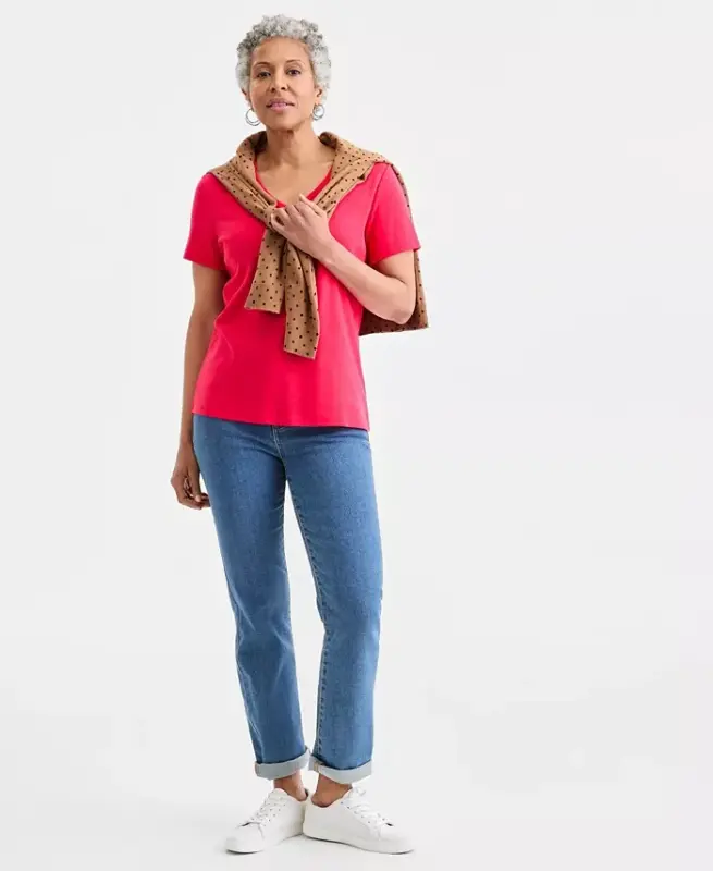 Women's Cotton Short Sleeve V-Neck Top, Exclusively at Modazone - Fresh Lipstick - 2