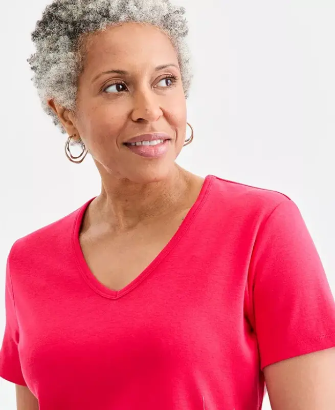 Women's Cotton Short Sleeve V-Neck Top, Exclusively at Modazone - Fresh Lipstick - 3