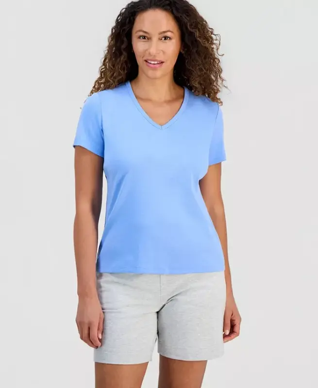 Women's Cotton Short Sleeve V-Neck Top, Exclusively at Modazone - Sky Dew - 1