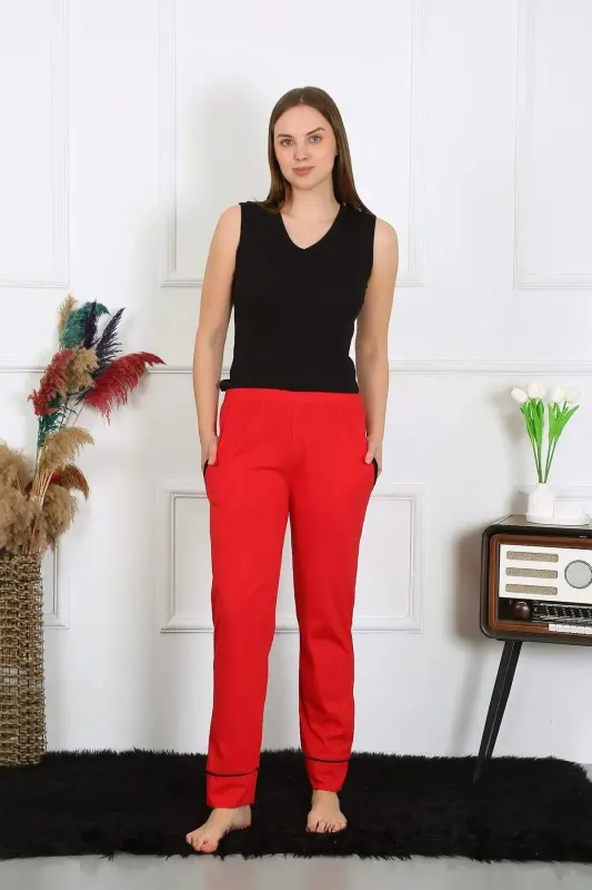Women's Cotton Single Jersey Pocket Bottom Pajama Red 27512 - BÜYÜKBEDENIZ