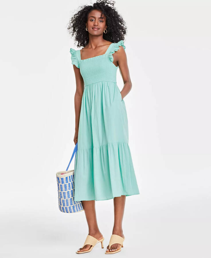 Women's Cotton Smocked Midi Dress, Created for Modazone Sea Mist Green - 4