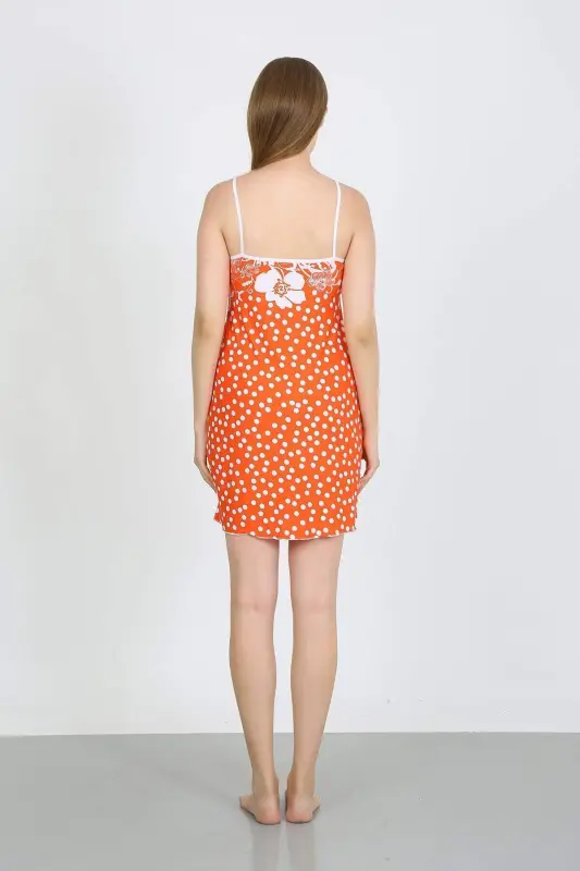 Women's Cotton Strap Sleeveless White Dotted Nightdress 36711 Orange - 6