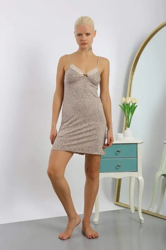 Women's Cotton Viscose Leopard Print Suspender Nightgown 36717 - BÜYÜKBEDENIZ