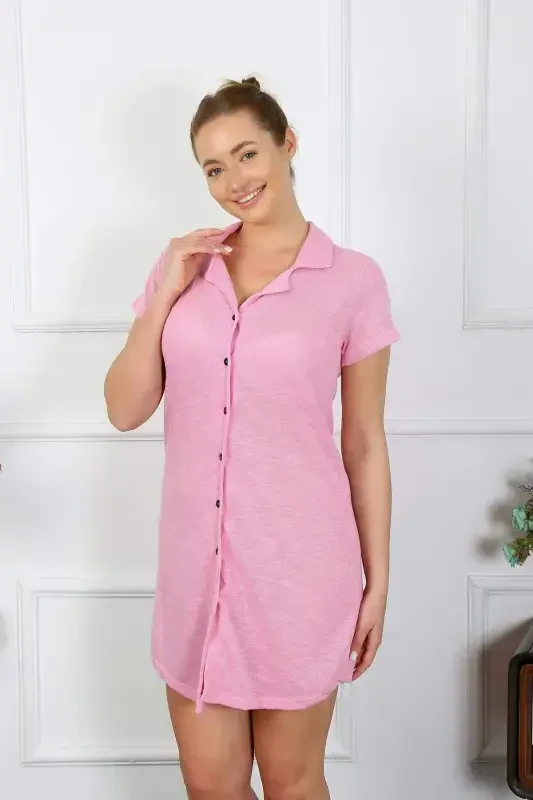 Women's Cotton Woven Short Sleeve Button Down Pink Tunic Nightshirt 13110 - 1