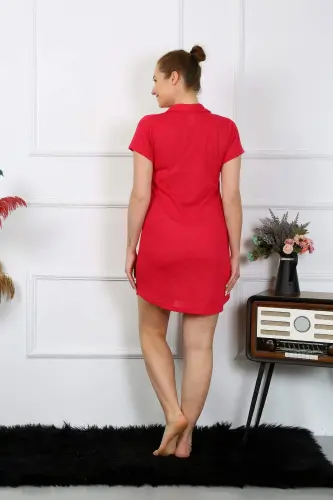 Women's Cotton Woven Short Sleeve Buttoned Red Tunic Nightdress 13110 - 3
