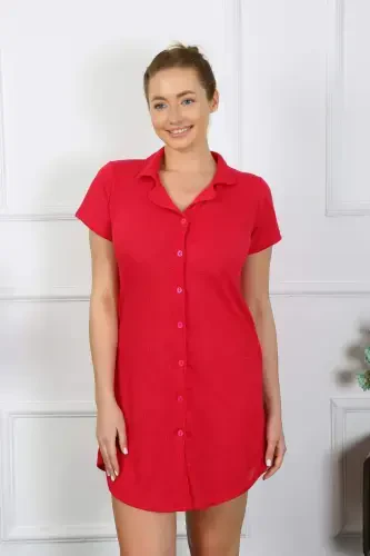 Women's Cotton Woven Short Sleeve Buttoned Red Tunic Nightdress 13110 - 4