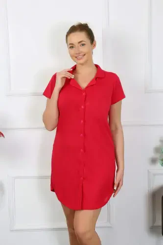 Women's Cotton Woven Short Sleeve Buttoned Red Tunic Nightdress 13110 - 5