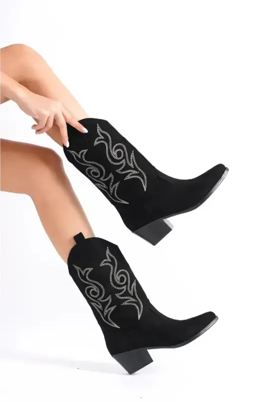 Women's Cowboy Boot - Embroidered Black - MODAZONE