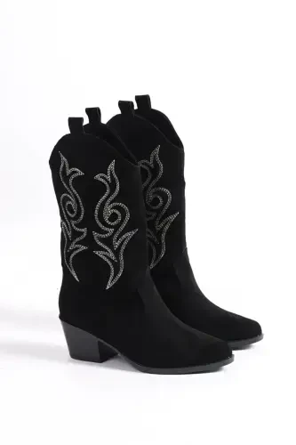 Women's Cowboy Boot - Embroidered Black - MODAZONE (1)