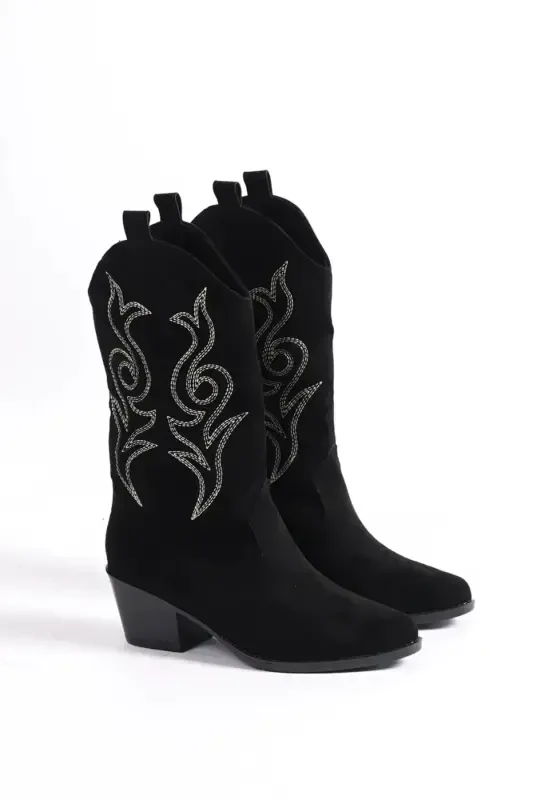 Women's Cowboy Boot - Embroidered Black - 2