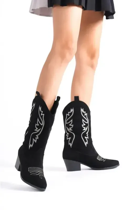 Women's Cowboy Boot-Embroidered Black Suede - 1