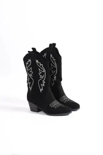 Women's Cowboy Boot-Embroidered Black Suede - MODAZONE (1)