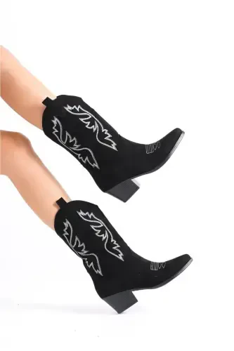 Women's Cowboy Boot-Embroidered Black Suede - 3