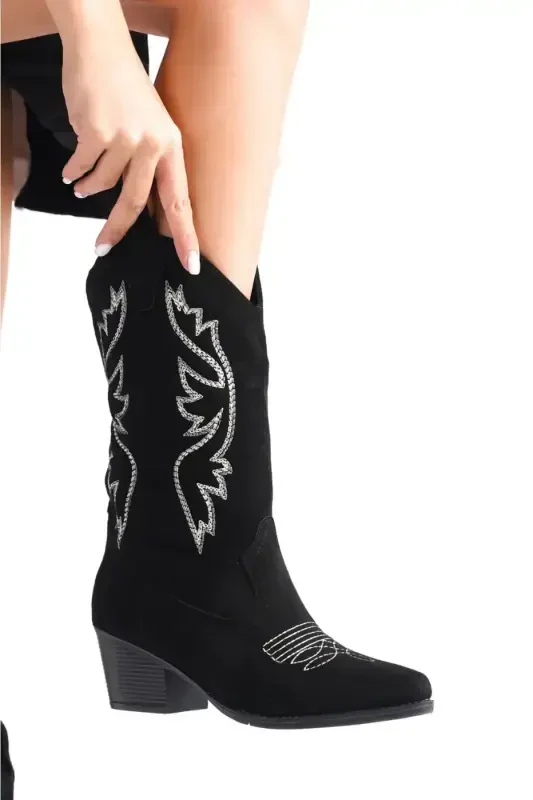 Women's Cowboy Boot-Embroidered Black Suede - 4