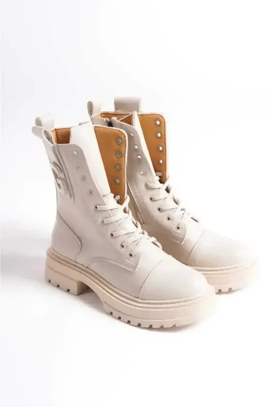 Women's Cowboy Boot-Plain Beige - 2