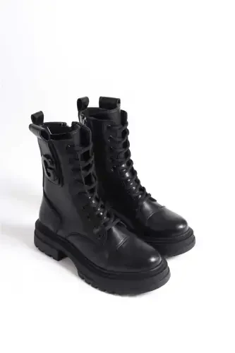 Women's Cowboy Boots-Flat Black - DS AYAKKABI (1)