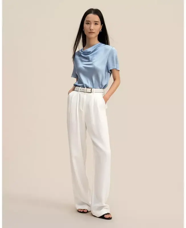 Women's Cowl Neck Short Sleeves Silk T-Shirt - 2