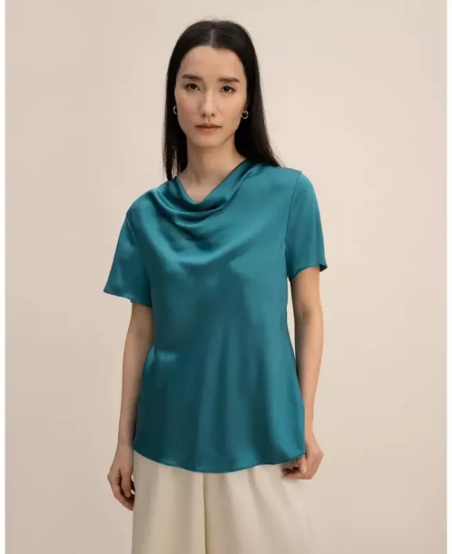 Women's Cowl Neck Short Sleeves Silk T-Shirt - Adriatic blue - LILYSILK