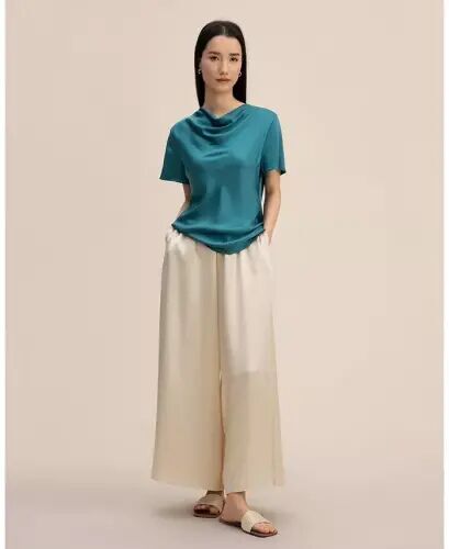Women's Cowl Neck Short Sleeves Silk T-Shirt - Adriatic blue - LILYSILK (1)