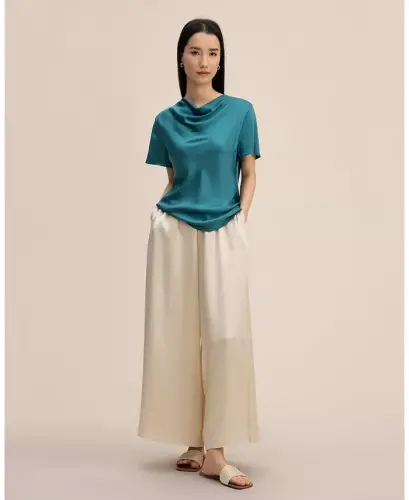 Women's Cowl Neck Short Sleeves Silk T-Shirt - Adriatic blue - LILYSILK (1)