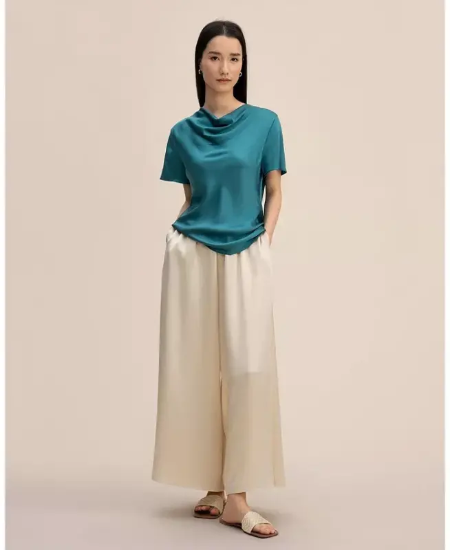 Women's Cowl Neck Short Sleeves Silk T-Shirt - Adriatic blue - 2