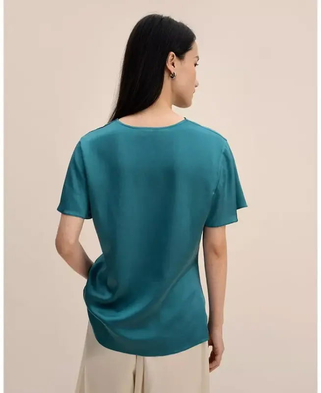 Women's Cowl Neck Short Sleeves Silk T-Shirt - Adriatic blue - 3