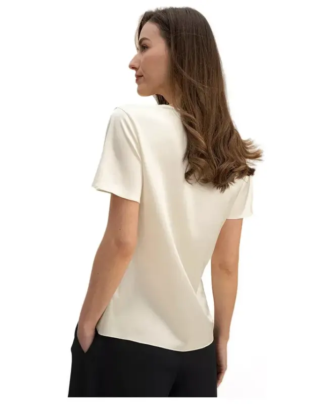 Women's Cowl Neck Short Sleeves Silk T-Shirt - Lily white - 2