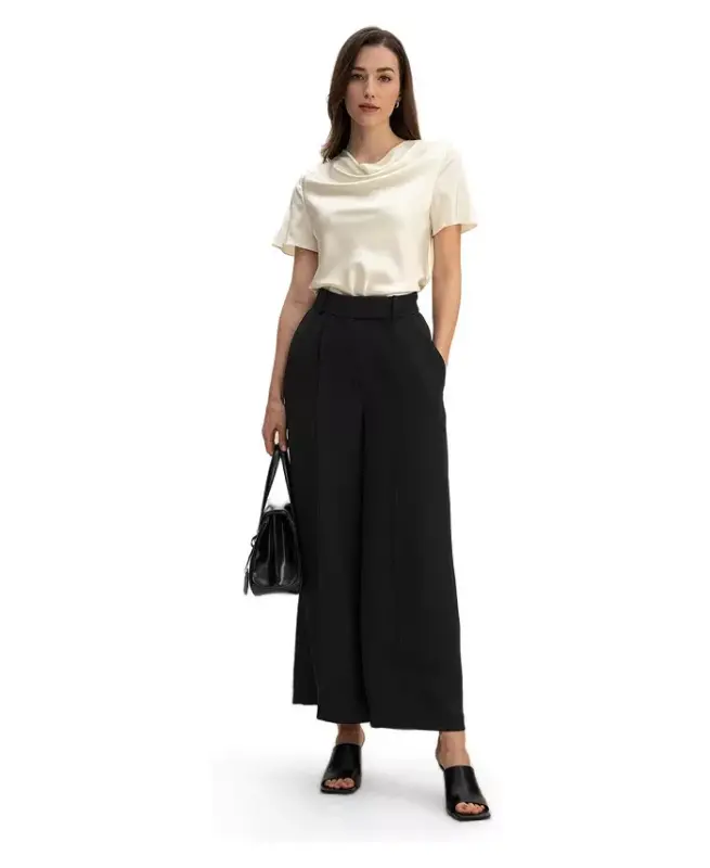 Women's Cowl Neck Short Sleeves Silk T-Shirt - Lily white - 3