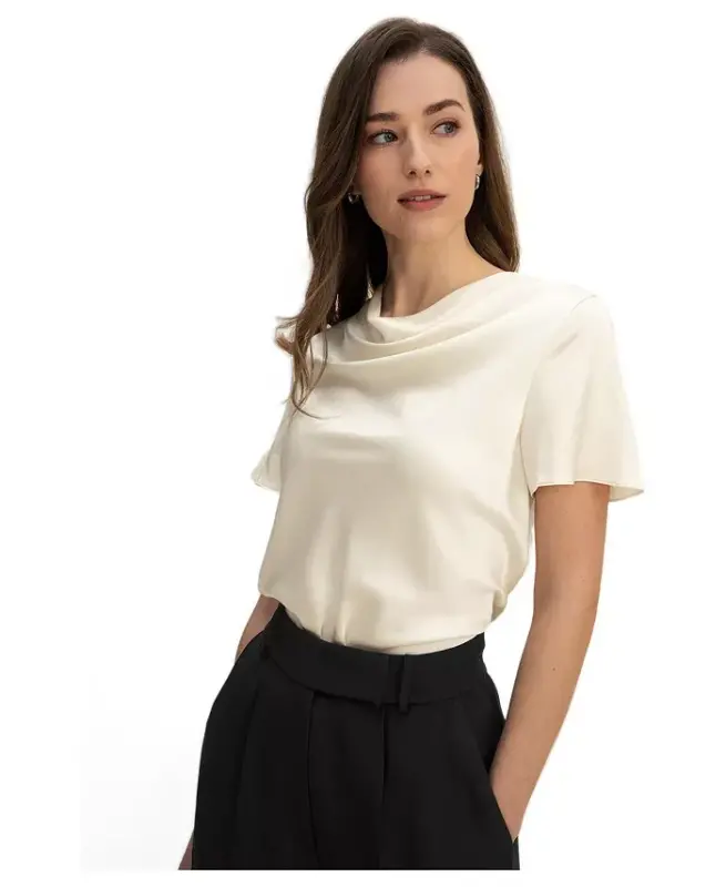 Women's Cowl Neck Short Sleeves Silk T-Shirt - Lily white - 4
