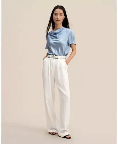 Women's Cowl Neck Short Sleeves Silk T-Shirt - Sky blue - LILYSILK (1)