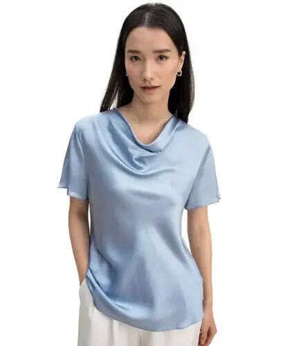 Women's Cowl Neck Short Sleeves Silk T-Shirt - Sky blue - 1