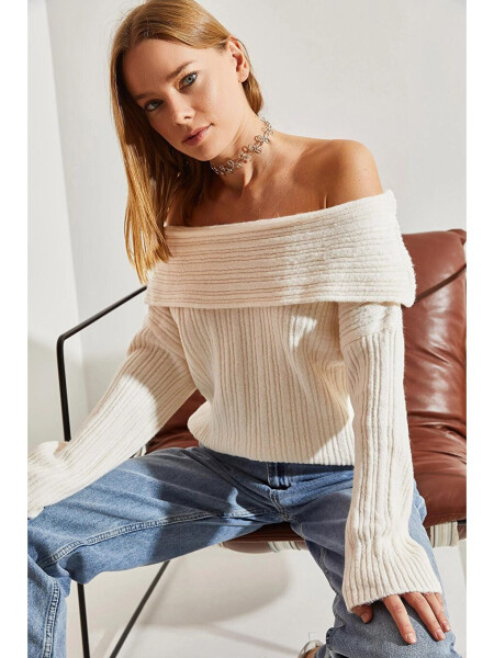 Women's Cowl Neck Sweater-Ecru - 3