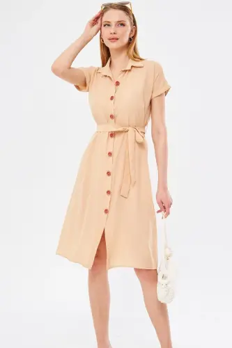 Women's Cream Belted Short Sleeve Shirt Dress ARM-19Y001068-Cream - 1