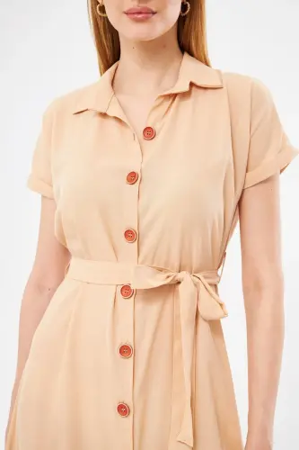 Women's Cream Belted Short Sleeve Shirt Dress ARM-19Y001068-Cream - ARMONIKA (1)