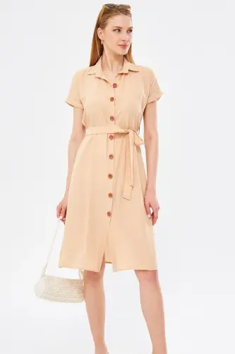 Women's Cream Belted Short Sleeve Shirt Dress ARM-19Y001068-Cream - 3