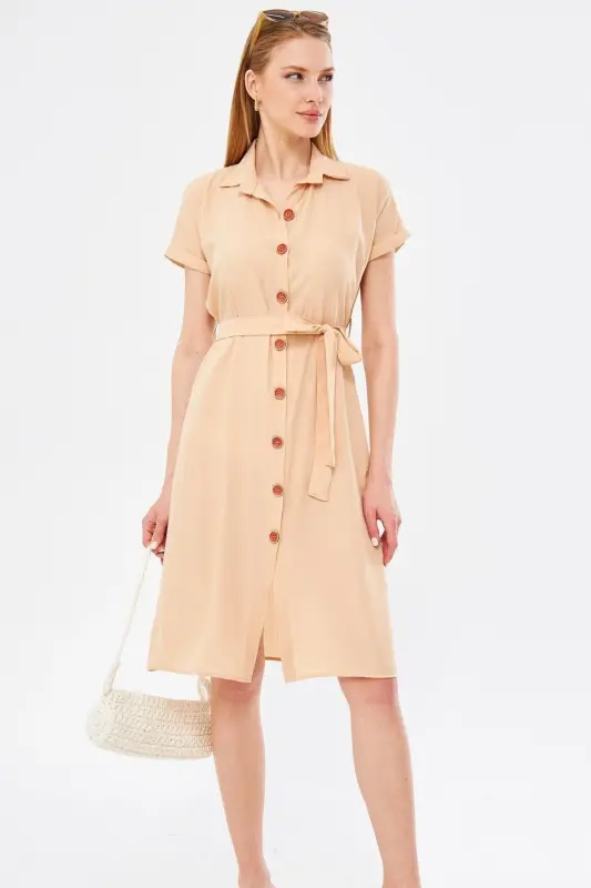 Women's Cream Belted Short Sleeve Shirt Dress ARM-19Y001068-Cream - 3